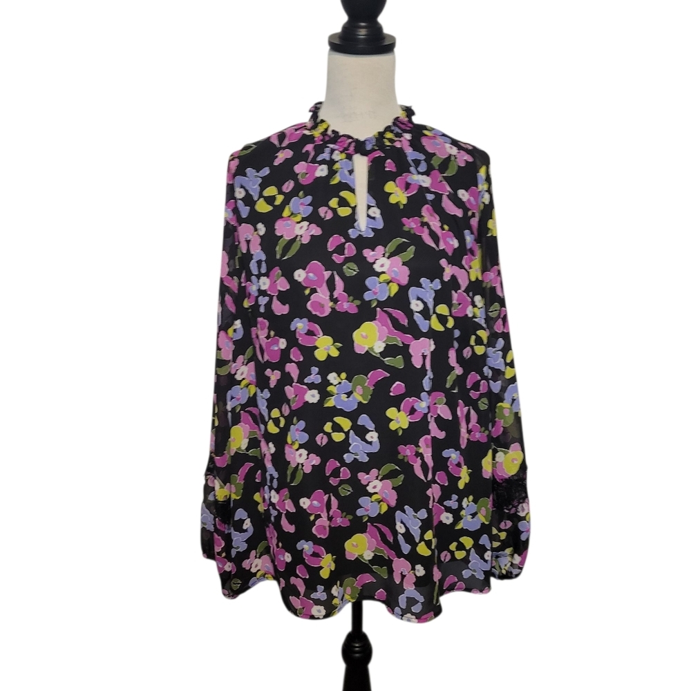 Lane Bryant long‎ cut-out sleeve black layered floral blouse womens size 18